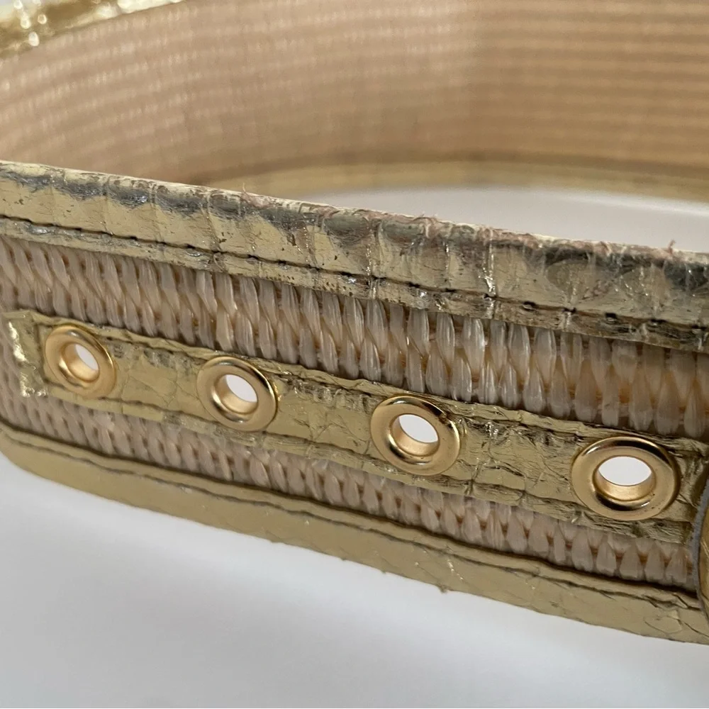 VTG: Genuine Snake Leather & Straw Wide Belt Metallic Gold/Natural Tan